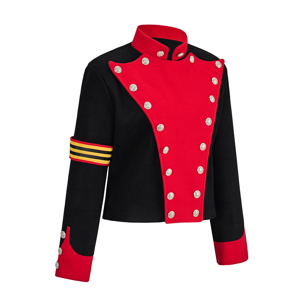 Renaissance Inspired Red - Black Embellished Jacket with Metallic Studs and Decorative Sleeve Band for Historical ReenactmentsHalloween Christmas