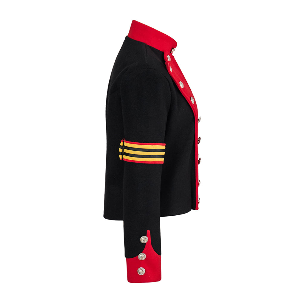 Renaissance Inspired Red - Black Embellished Jacket with Metallic Studs and Decorative Sleeve Band for Historical ReenactmentsHalloween Christmas