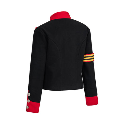 Renaissance Inspired Red - Black Embellished Jacket with Metallic Studs and Decorative Sleeve Band for Historical ReenactmentsHalloween Christmas