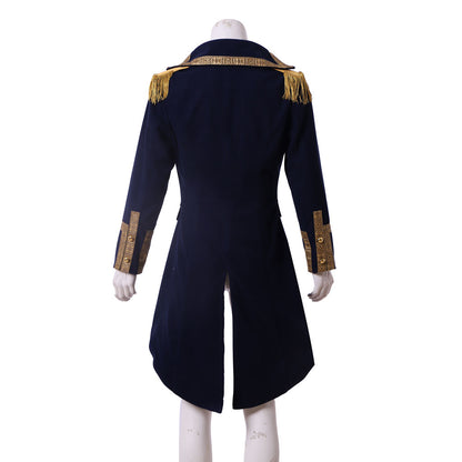 Medieval Men's Navy Blue with Gold Trim Military Tailcoat Costume for Cosplay Themed Events Halloween Christmas or Themed Parties