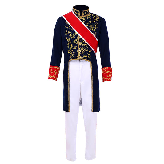 Victorian Men's Navy Blue Gold Accented Military Inspired Noble Court Costume with Red Sash Cuffs Cosplay Stage Outfit Adult Halloween Christmas Party Themed Outfit