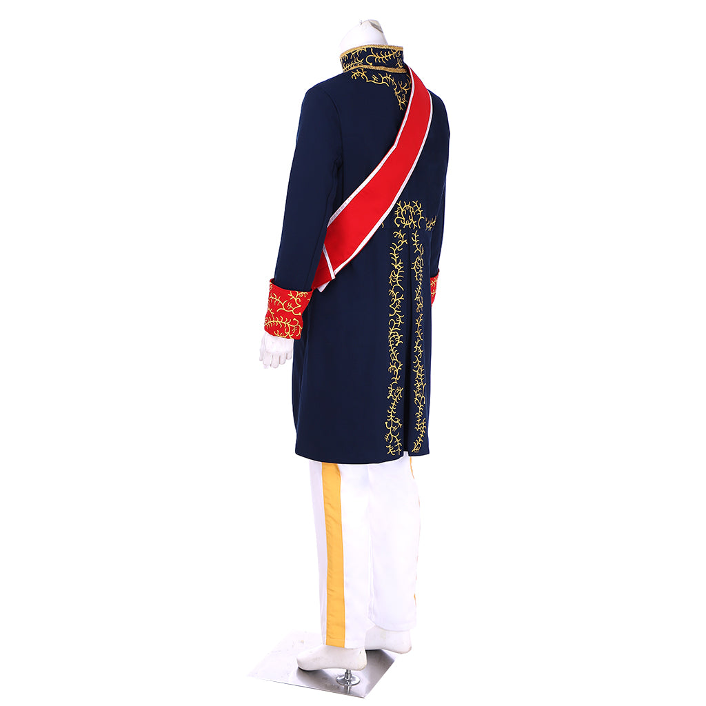 Victorian Men's Navy Blue Gold Accented Military Inspired Noble Court Costume with Red Sash Cuffs Cosplay Stage Outfit Adult Halloween Christmas Party Themed Outfit