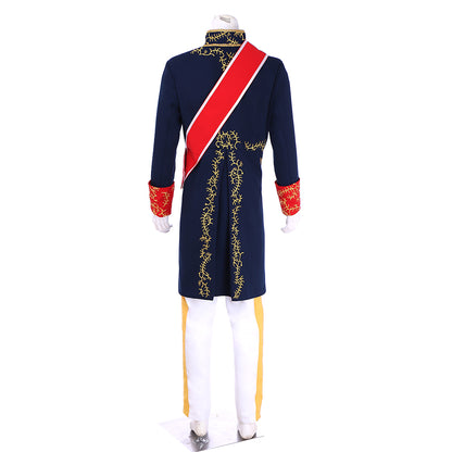 Victorian Men's Navy Blue Gold Accented Military Inspired Noble Court Costume with Red Sash Cuffs Cosplay Stage Outfit Adult Halloween Christmas Party Themed Outfit