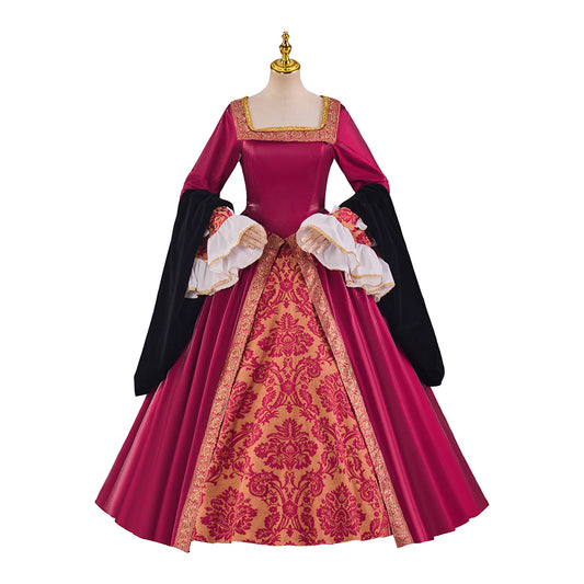 Tudor Inspired Regal Brocade Gown with Square Neckline and Two - Toned Sleeves for Historical Reenactments Renaissance Gatherings Themed Balls Cosplay Halloween Christmas
