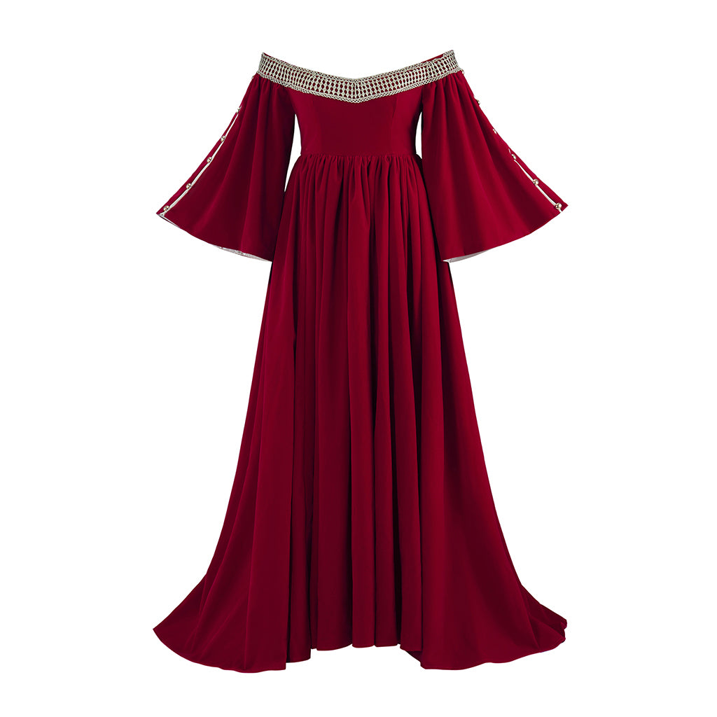 Medieval Inspired Crimson Off Shoulder Flared Sleeve Floor Length Gown for Historical Reenactments Medieval Themed Halloween Christmas