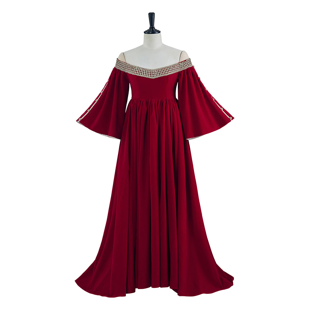 Medieval Inspired Crimson Off Shoulder Flared Sleeve Floor Length Gown for Historical Reenactments Medieval Themed Halloween Christmas