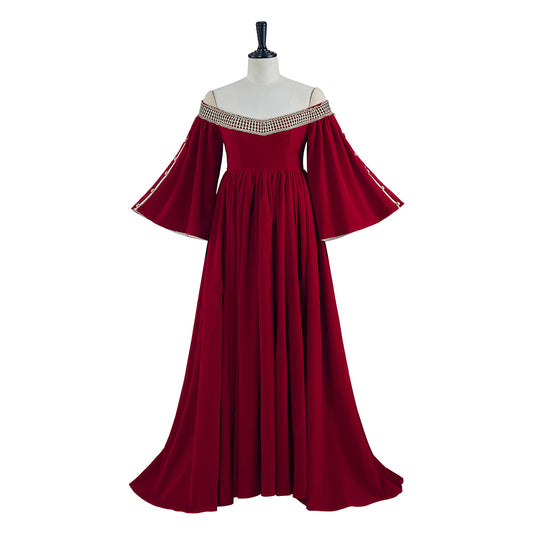 Medieval Inspired Crimson Off Shoulder Flared Sleeve Floor Length Gown for Historical Reenactments Medieval Themed Halloween Christmas