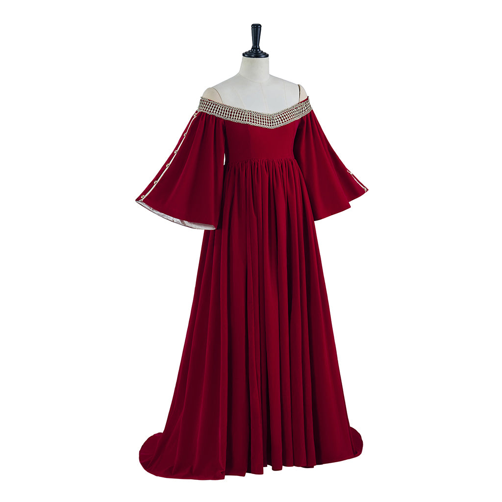 Medieval Inspired Crimson Off Shoulder Flared Sleeve Floor Length Gown for Historical Reenactments Medieval Themed Halloween Christmas