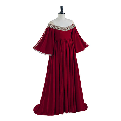 Medieval Inspired Crimson Off Shoulder Flared Sleeve Floor Length Gown for Historical Reenactments Medieval Themed Halloween Christmas