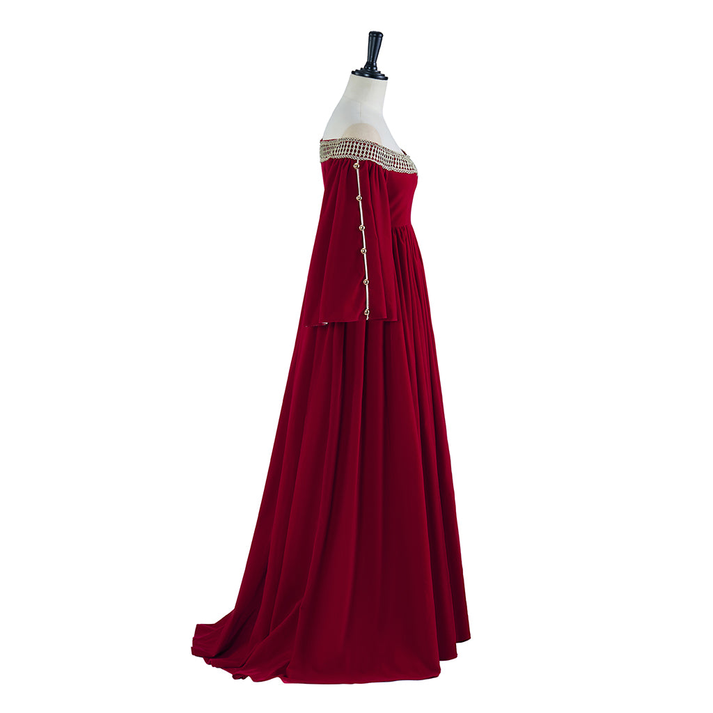 Medieval Inspired Crimson Off Shoulder Flared Sleeve Floor Length Gown for Historical Reenactments Medieval Themed Halloween Christmas