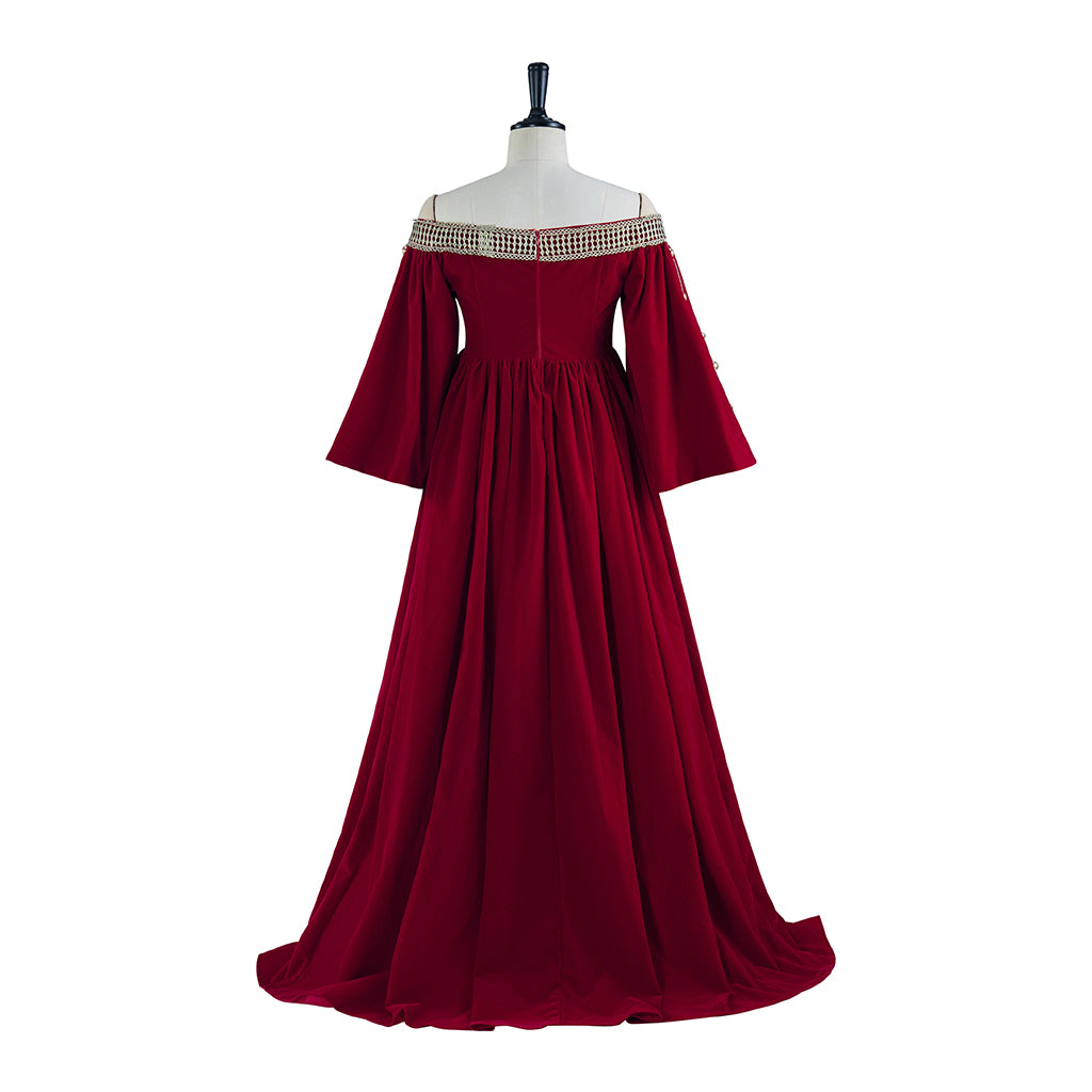 Medieval Inspired Crimson Off Shoulder Flared Sleeve Floor Length Gown for Historical Reenactments Medieval Themed Halloween Christmas