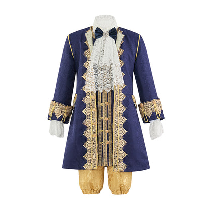 Medieval Renaissance Royal Blue and Gold Brocade Court Suit with Lace Trim for Theatrical Performances and  Halloween Christmas