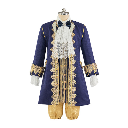 Medieval Renaissance Royal Blue and Gold Brocade Court Suit with Lace Trim for Theatrical Performances and  Halloween Christmas