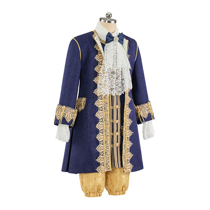 Medieval Renaissance Royal Blue and Gold Brocade Court Suit with Lace Trim for Theatrical Performances and  Halloween Christmas