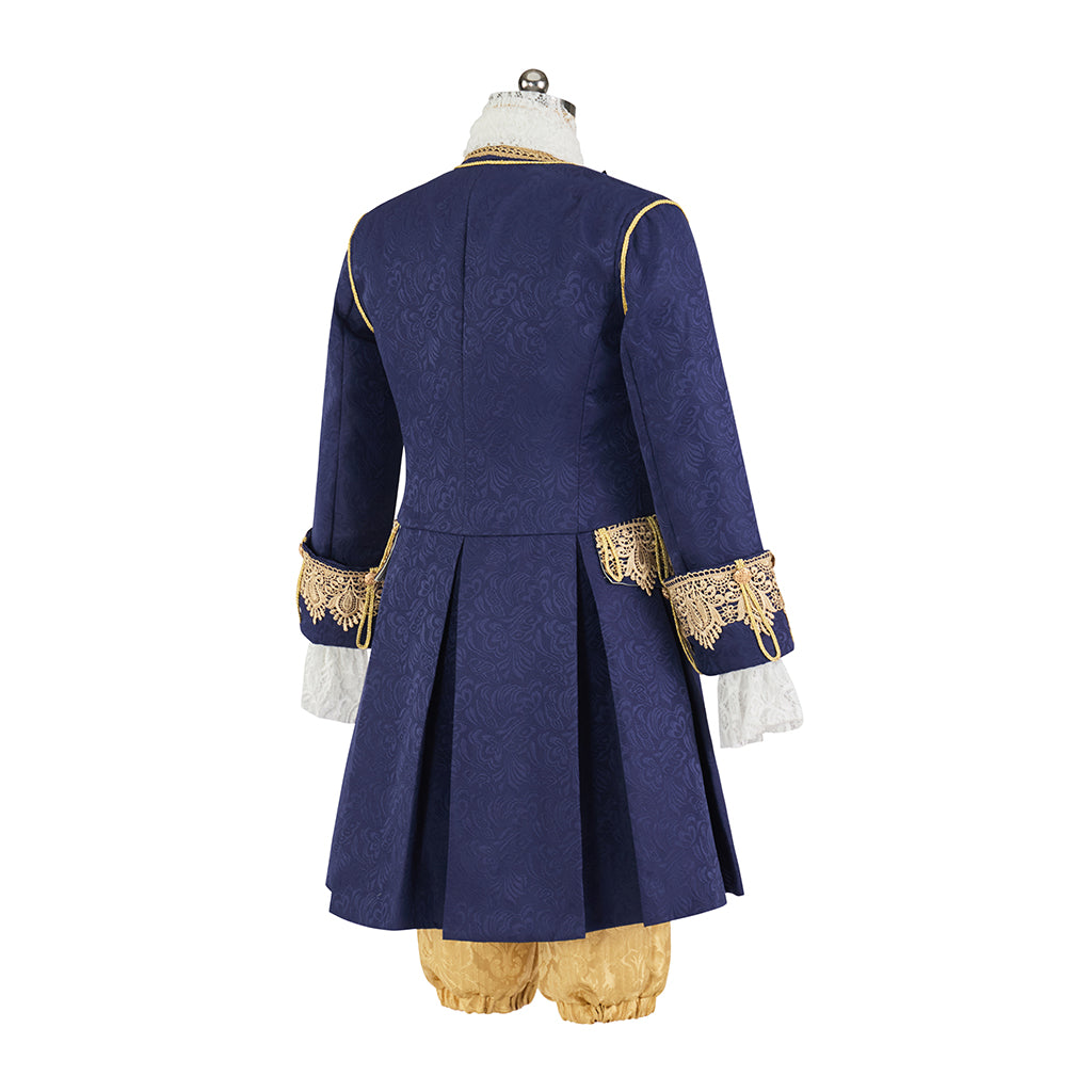 Medieval Renaissance Royal Blue and Gold Brocade Court Suit with Lace Trim for Theatrical Performances and  Halloween Christmas