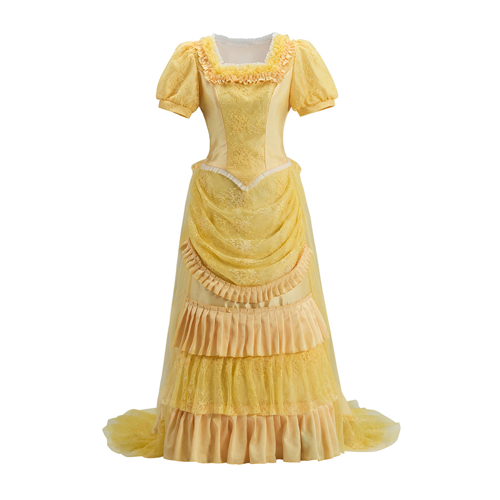 Victorian Inspired Golden Yellow Puff Sleeved Gown with Layered Skirt for Historical Reenactments Victorian Halloween or Christmas Formal Occasions