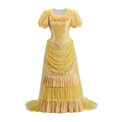 Victorian Inspired Golden Yellow Puff Sleeved Gown with Layered Skirt for Historical Reenactments Victorian Halloween or Christmas Formal Occasions