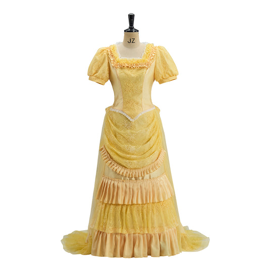 Victorian Inspired Golden Yellow Puff Sleeved Gown with Layered Skirt for Historical Reenactments Victorian Halloween or Christmas Formal Occasions