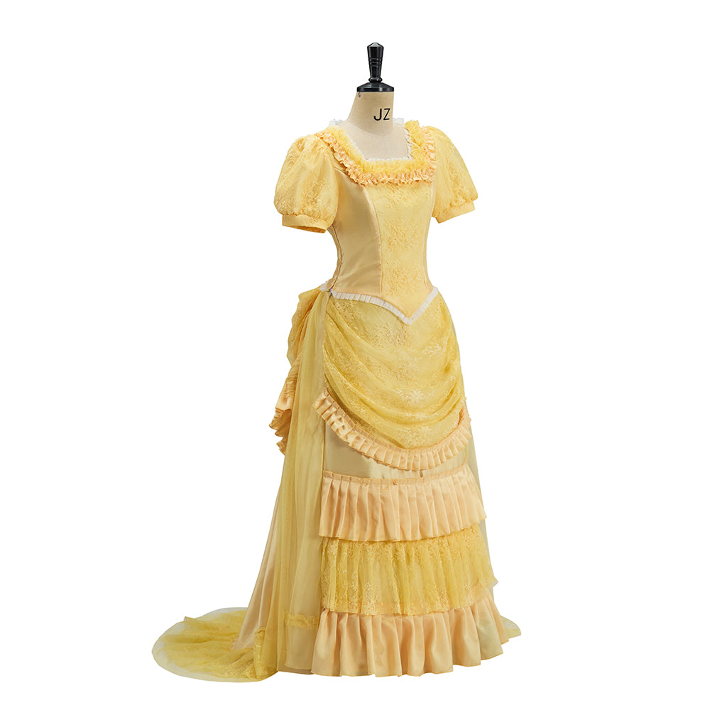 Victorian Inspired Golden Yellow Puff Sleeved Gown with Layered Skirt for Historical Reenactments Victorian Halloween or Christmas Formal Occasions