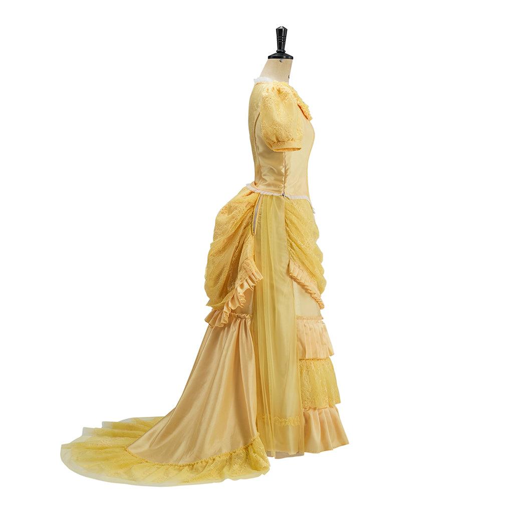 Victorian Inspired Golden Yellow Puff Sleeved Gown with Layered Skirt for Historical Reenactments Victorian Halloween or Christmas Formal Occasions