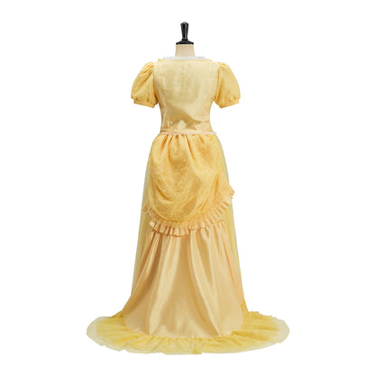 Victorian Inspired Golden Yellow Puff Sleeved Gown with Layered Skirt for Historical Reenactments Victorian Halloween or Christmas Formal Occasions