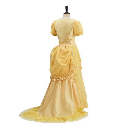 Victorian Inspired Golden Yellow Puff Sleeved Gown with Layered Skirt for Historical Reenactments Victorian Halloween or Christmas Formal Occasions