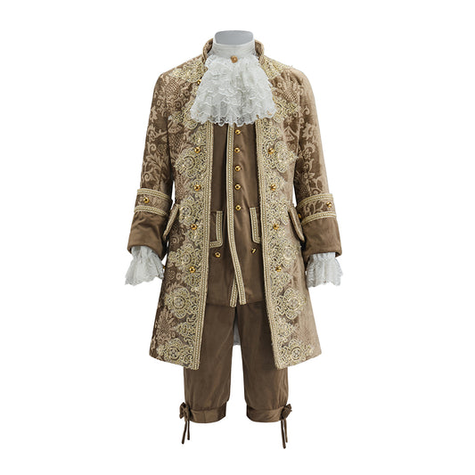 Baroque Inspired Brown Brocade Gentleman's Suit with Lace Jabot and Breeches for Halloween  Christmas  Themed Banquets
