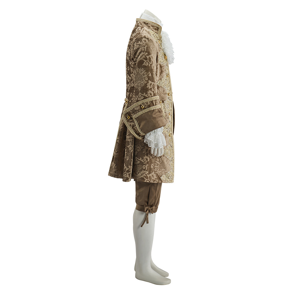 Baroque Inspired Brown Brocade Gentleman's Suit with Lace Jabot and Breeches for Halloween  Christmas  Themed Banquets