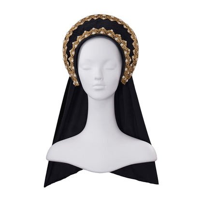 Medieval Style Black Velvet Hooded Cloak with Gold Embellished Headband Detailing for Historical Reenactments Cosplay Events Halloween Christmas