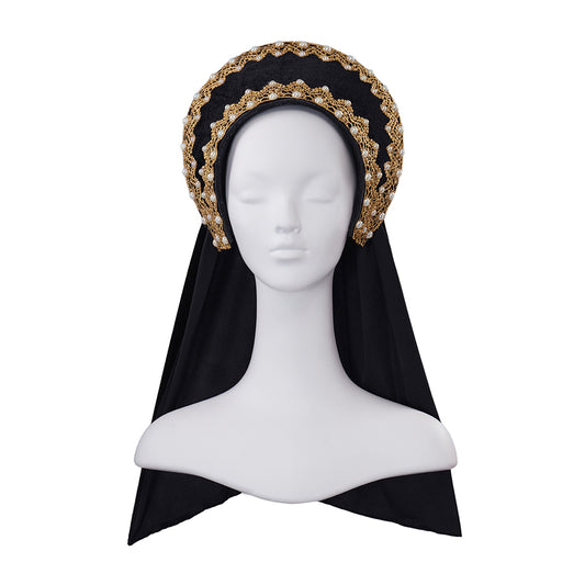Medieval Style Black Velvet Hooded Cloak with Gold Embellished Headband Detailing for Historical Reenactments Cosplay Events Halloween Christmas