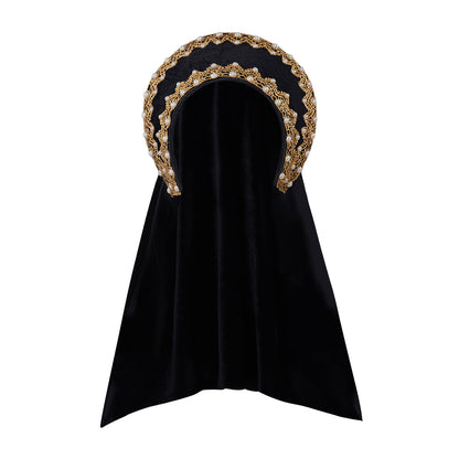 Medieval Style Black Velvet Hooded Cloak with Gold Embellished Headband Detailing for Historical Reenactments Cosplay Events Halloween Christmas