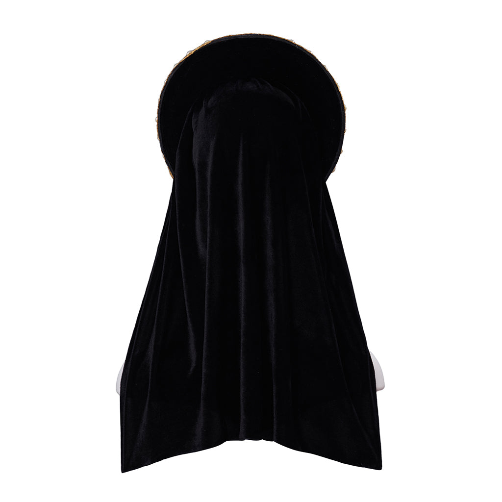 Medieval Style Black Velvet Hooded Cloak with Gold Embellished Headband Detailing for Historical Reenactments Cosplay Events Halloween Christmas