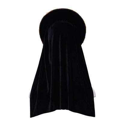 Medieval Style Black Velvet Hooded Cloak with Gold Embellished Headband Detailing for Historical Reenactments Cosplay Events Halloween Christmas