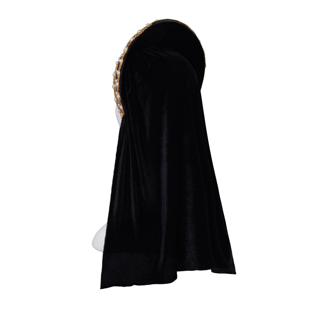 Medieval Style Black Velvet Hooded Cloak with Gold Embellished Headband Detailing for Historical Reenactments Cosplay Events Halloween Christmas