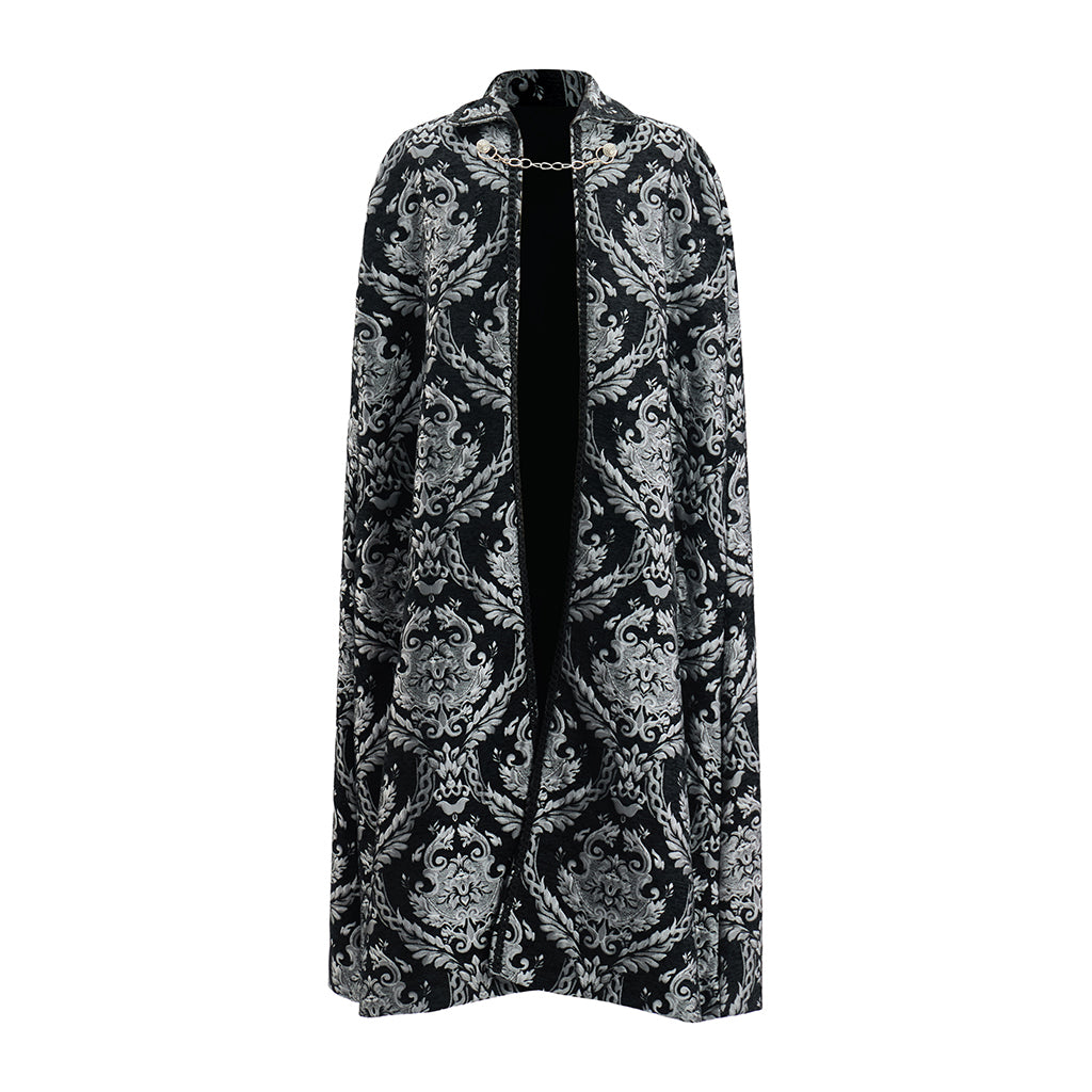 Medieval Style Black Patterned Velvet Cloak with Faux Fur Trimmed Collar for Historical Reenactments Cosplay Events Medieval Halloween Christmas