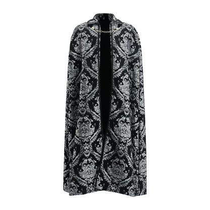 Medieval Style Black Patterned Velvet Cloak with Faux Fur Trimmed Collar for Historical Reenactments Cosplay Events Medieval Halloween Christmas