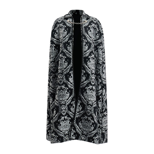 Medieval Style Black Patterned Velvet Cloak with Faux Fur Trimmed Collar for Historical Reenactments Cosplay Events Medieval Halloween Christmas
