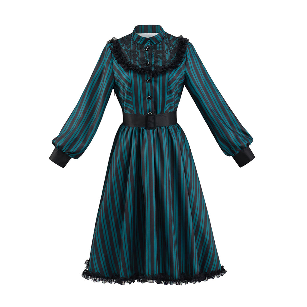 Victorian Inspired Teal Green Lace  Trimmed High  Neck Gown with Belted Waist for Victorian Historical Reenactments Gothic Themed Gatherings Halloween