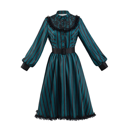 Victorian Inspired Teal Green Lace  Trimmed High  Neck Gown with Belted Waist for Victorian Historical Reenactments Gothic Themed Gatherings Halloween