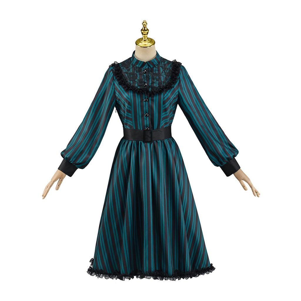 Victorian Inspired Teal Green Lace  Trimmed High  Neck Gown with Belted Waist for Victorian Historical Reenactments Gothic Themed Gatherings Halloween