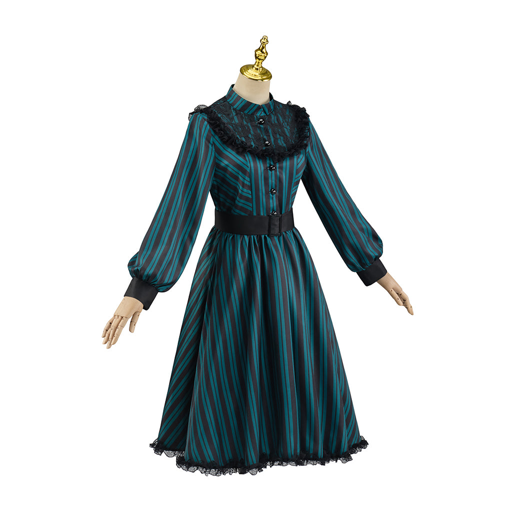 Victorian Inspired Teal Green Lace  Trimmed High  Neck Gown with Belted Waist for Victorian Historical Reenactments Gothic Themed Gatherings Halloween
