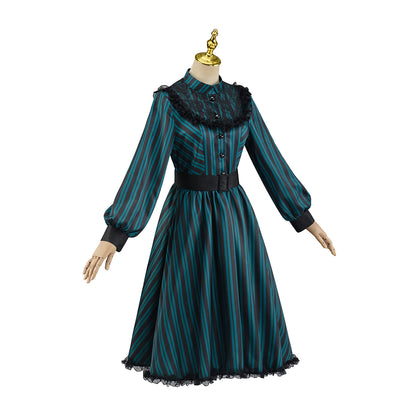 Victorian Inspired Teal Green Lace  Trimmed High  Neck Gown with Belted Waist for Victorian Historical Reenactments Gothic Themed Gatherings Halloween