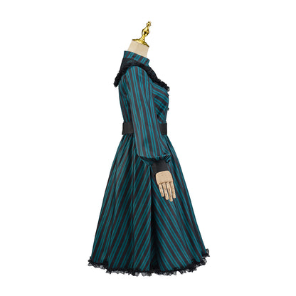 Victorian Inspired Teal Green Lace  Trimmed High  Neck Gown with Belted Waist for Victorian Historical Reenactments Gothic Themed Gatherings Halloween