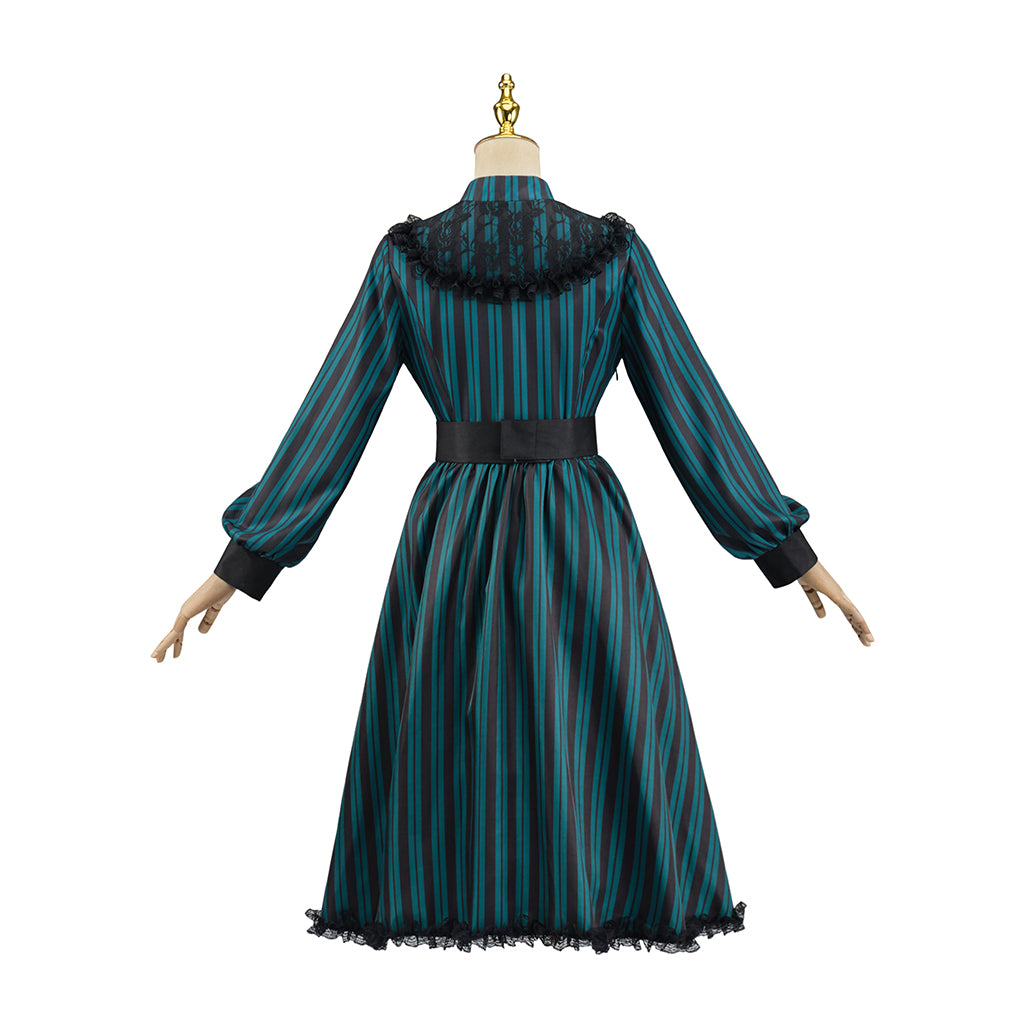 Victorian Inspired Teal Green Lace  Trimmed High  Neck Gown with Belted Waist for Victorian Historical Reenactments Gothic Themed Gatherings Halloween