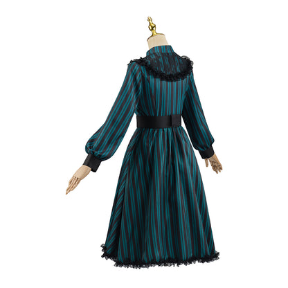 Victorian Inspired Teal Green Lace  Trimmed High  Neck Gown with Belted Waist for Victorian Historical Reenactments Gothic Themed Gatherings Halloween