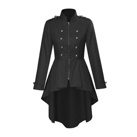 Medieval Black Tailored Coat with Ornate Buttons and Asymmetric Hem for Historical Reenactments Medieval Themed Events Halloween and Christmas