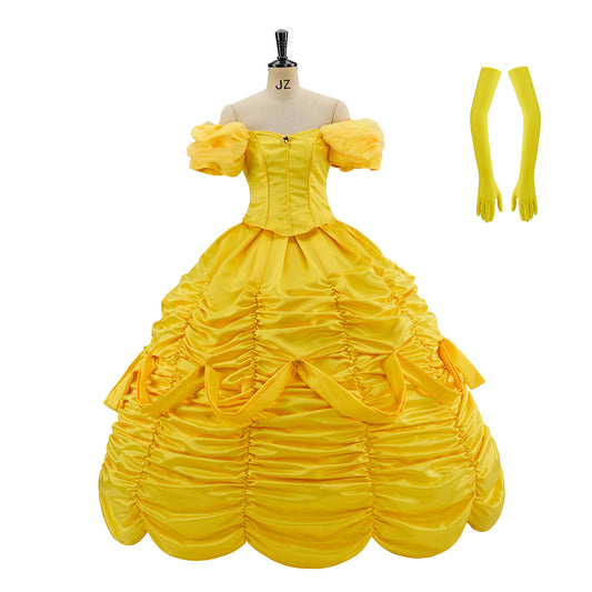 Medieval Courtly Golden Yellow Taffeta Ball Gown with Matching Hair Ribbon for Halloween Christmas and Theatrical Performances