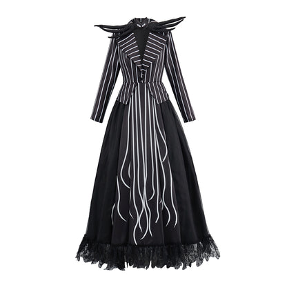 Gothic Inspired Black Long Sleeve Maxi Dress with Flowing Ribbon Details for Halloween Gothic Themed Gatherings Dark Halloween  Christmas