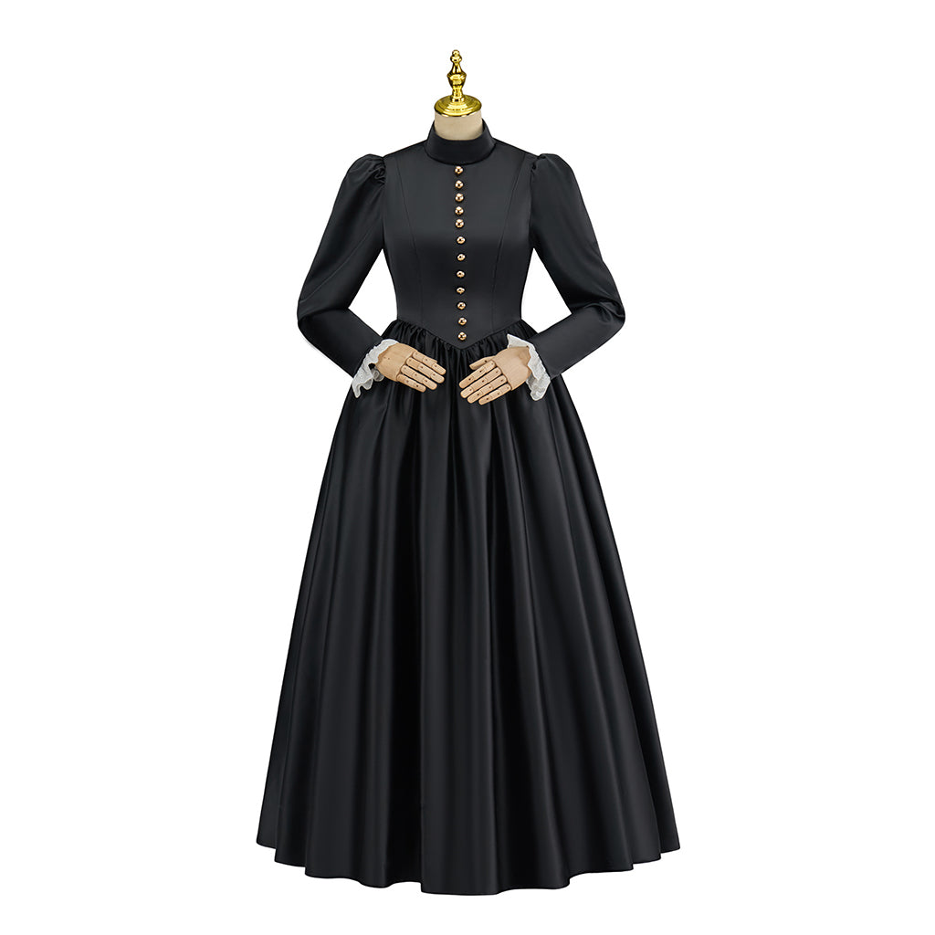 Victorian Inspired Black Long Sleeve Maxi Dress for Gothic Themed Gatherings Historical Reenactments Halloween Victorian Era Events