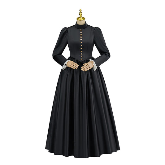Victorian Inspired Black Long Sleeve Maxi Dress for Gothic Themed Gatherings Historical Reenactments Halloween Victorian Era Events